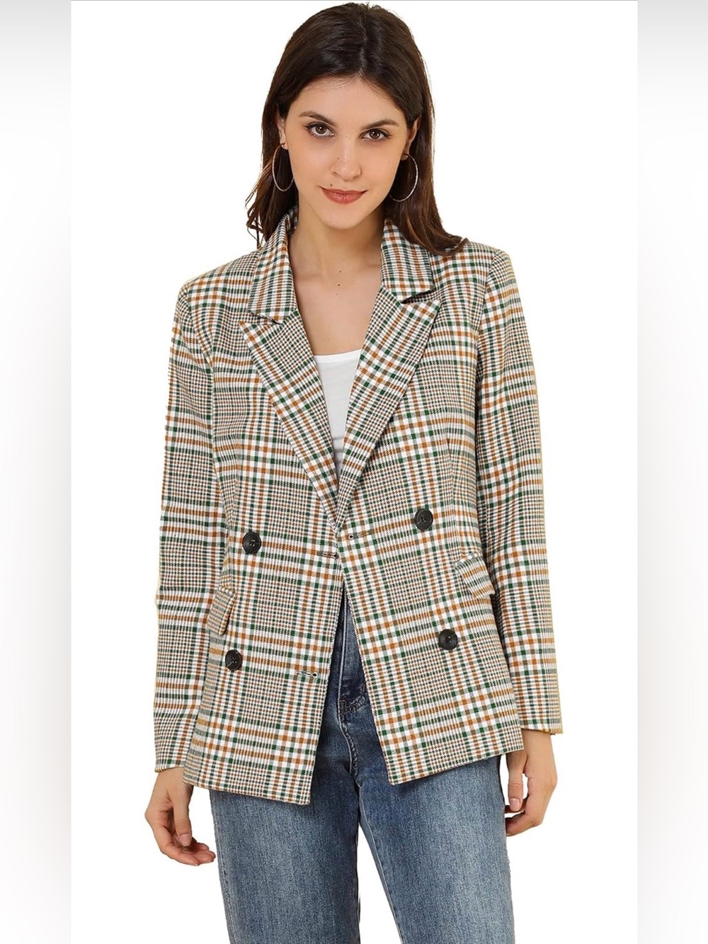 Allegra K Plaid Double Breasted Blazer Green Brown Women’s Small